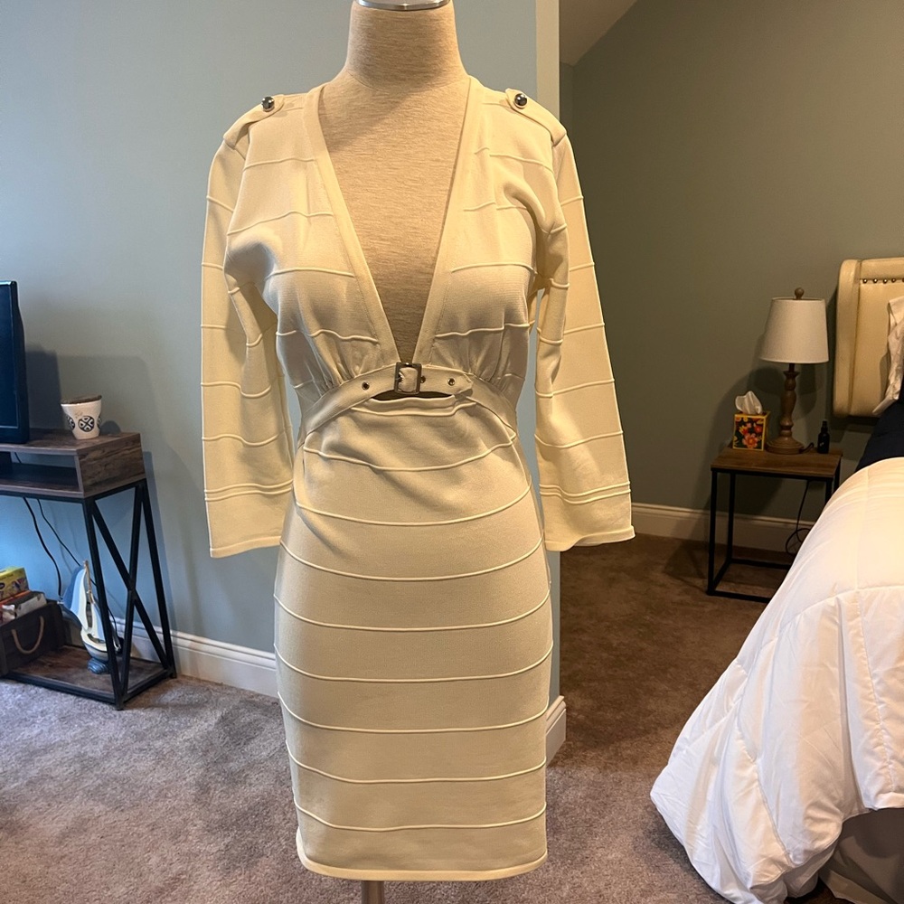 Elegant Cream Dress with Belted Waist
